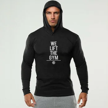 Весенне-осенняя мужская футболка с длинным рукавом и капюшоном, футболки для бодибилдинга, однотонные спортивные облегающие мужские футболки, пуловер для фитнеса в тренажерном зале