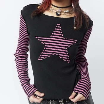 Женская Винтажная футболка Y2K с Длинным рукавом и круглым вырезом в Звездную полоску, Приталенные Женские футболки, повседневные топы на каждый день