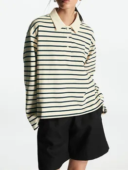 Женская футболка с отложным воротником в полоску, ранняя осень, Женские хлопковые повседневные простые пуловеры с длинными рукавами, топы
