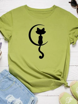 Женская футболка с принтом Кошки на Луне, Короткий рукав, O-Образный Вырез, Свободная Женская футболка, Женская футболка, Топы, Camisetas Mujer