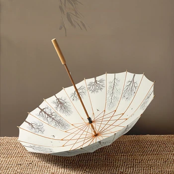 Китайский стиль Солнечный Зонт с длинной ручкой 16 Костей Ретро Литературный Антикварный Двойной зонт Hanfu С прямой ручкой Пара зонтов