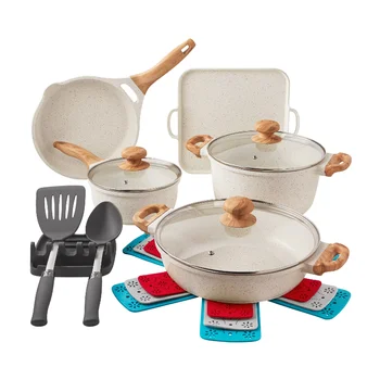 Фирменный набор посуды из литого алюминия Pioneer Woman Prairie из 14 предметов, набор посуды из льняной крапинки для кухни