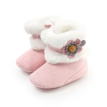 2020 Г., Абсолютно Новые Зимние теплые повседневные ботинки для новорожденных девочек с цветами на меху длиной до середины икры, Без застежки, Пушистая детская обувь 0-18 м