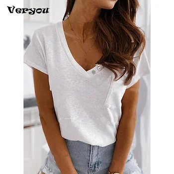 2021 Женская повседневная футболка с V-образным вырезом и коротким рукавом, европейский и американский топ, женская простая футболка