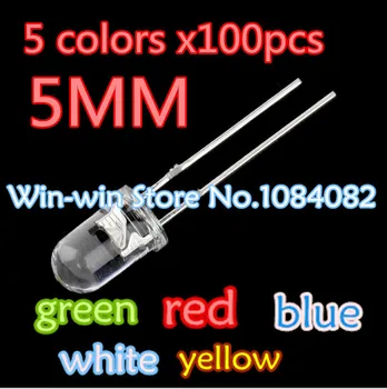 5 цветов x100pcs = 500pcs Новый 5 мм Круглый Супер Яркий светодиодный Красный/Синий/Желтый/Белый/Зеленый Водный Прозрачный светодиодный комплект Диодов