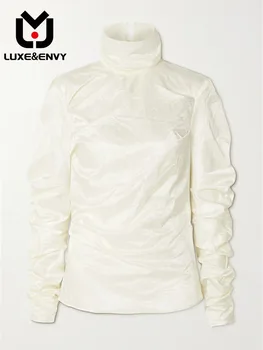 LUXE & ENVY 2023, ранняя осень, Новая белая плиссированная футболка с высоким воротом и длинным рукавом, женский топ