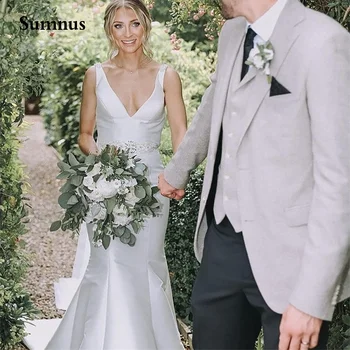 Sumnus, Свадебное платье Русалки с Глубоким V-образным вырезом, без рукавов, с аппликациями, расшитыми бисером, Платья для свадьбы в саду, Большие размеры, Белая Невеста без спинки