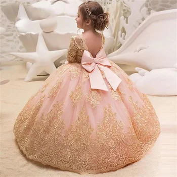 Великолепные розовые платья в цветочек Для девочек, длинный тюль с бантом, золотые аппликации, платье Принцессы на Свадьбу, День рождения, Детские бальные платья