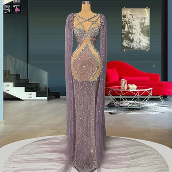 Вечерние платья из Фиолетового Тюля, Роскошные вечерние платья с бисером и кристаллами, Длинное вечернее платье для женщин, Сексуальное Иллюзионное платье, Вечерние халаты