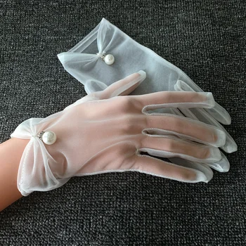Высококачественные шифоновые свадебные перчатки с белым Коротким бантом и жемчужными перстнями, Женские свадебные перчатки, Аксессуары для свадебной вечеринки