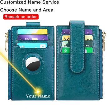 Держатель для карт с логотипом на заказ, Винтажный Кожаный кошелек на молнии RFID Apple Airtag Tracker, Двухслойный кошелек из воловьей кожи, Мужская женская сумка
