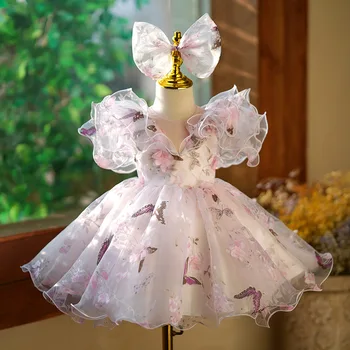 Детские платья для девочек с цветочным узором, Свадебное платье Принцессы с цветочной феей для маленькой девочки, платье для вечеринки в честь Дня рождения, милое платье для девочек с рукавом-лепестком и бантом