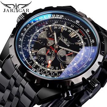 Дизайн из синего стекла Jaragar, черные Серебристые автоматические часы, часы с датой из нержавеющей стали, светящиеся мужские деловые механические наручные часы
