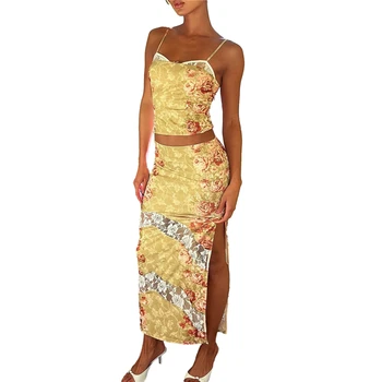 женская одежда y2k, комплект из 2 предметов, Винтажные топы на бретелях с цветочным принтом + Прозрачная кружевная облегающая юбка в стиле пэчворк с разрезом, праздничная одежда