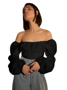 Женская футболка с длинным рукавом, короткая футболка с открытой спиной, женская рубашка с пузырчатым рукавом на шнуровке, укороченный топ