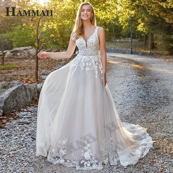Классические Свадебные платья HAMMAH с открытой спиной, женские аппликации, Кружевная складка, Сексуальное свадебное платье трапециевидной формы, праздничное платье по индивидуальному заказу