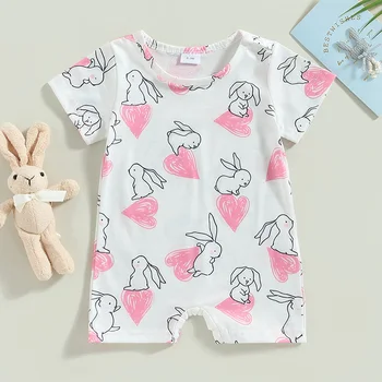 Комбинезон для новорожденных девочек Пасхальные наряды с принтом Кролика в виде сердечка Летний комбинезон с коротким рукавом