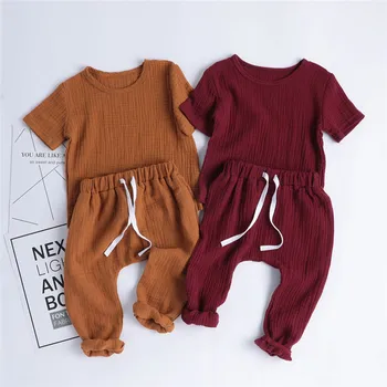 Комплект детской летней одежды из хлопка и льна, 4 цвета, Детский пуловер, Футболка с коротким рукавом, Длинные брюки, комплект из 2 предметов, 6-24 м