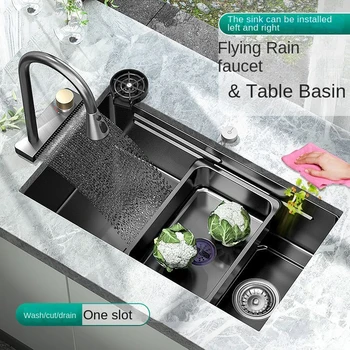 Кухонная раковина из черной Нано нержавеющей стали Feiyu Waterfall Раковина ручной работы с большим отделением для мытья овощей и посуды