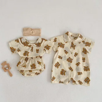 Милая Одежда для новорожденных Мальчиков и Девочек, Хлопковая футболка с короткими рукавами и рисунком Медведя, Топы + Шаровары, Шорты, Комплект летней одежды из 2 предметов