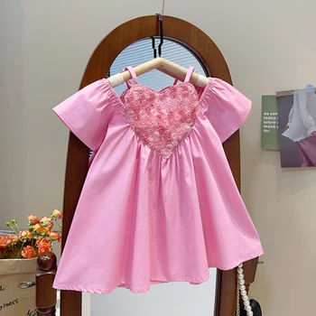 Милое Розовое платье с сердечками для девочек, Летние вечерние платья без рукавов с розами, Свадебная одежда с цветами для маленьких девочек, Vestidos 2-8 лет, Ropa
