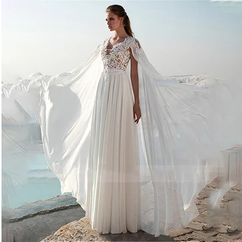 Модное Шифоновое Свадебное платье Трапециевидной формы с V-образным вырезом и Кружевными аппликациями из бисера, Свадебное Платье с Плащом Vestido De Formatura