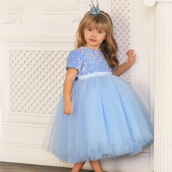 НАСТОЯЩИЕ детские Голубые платья Принцессы с цветочным узором для девочек, Тюлевое праздничное платье для Дня рождения, платье Демуазель, свадебное платье для вечеринки от 1 до 12 лет