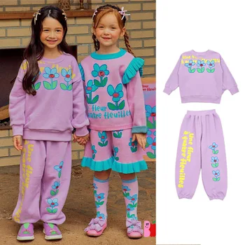 Осень 2023, Новый детский комплект толстовок BEBEBE для корейских девочек, толстовка с цветочным принтом и буквами + спортивные штаны