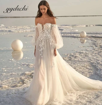 Пляжное свадебное платье с открытыми плечами 2022, Длинные пышные рукава, аппликации Длиной до пола, тюлевое кружевное Элегантное Свадебное платье, свитшот