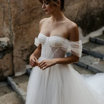 Романтическое свадебное платье из тюля в складку и бисером с открытыми плечами, длина до пола, Открытая спина Невесты с поясом, платья со шлейфом