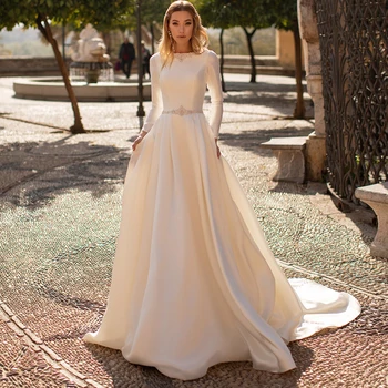 Скромные свадебные платья с длинными рукавами, сшитое на заказ свадебное платье из драгоценного атласа, расшитое бисером, арабское свадебное платье трапециевидной формы