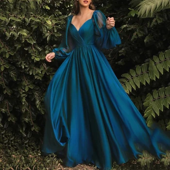 Темно-синие платья Трапециевидной формы из шифона с открытой спиной и длинными рукавами для официальных мероприятий Длиной до пола