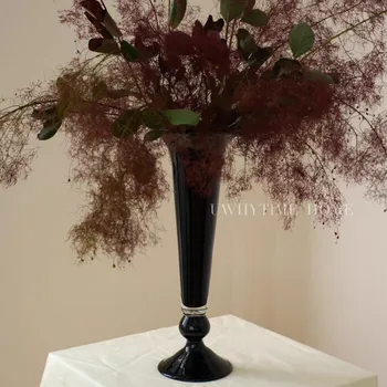 Черная французская художественная ваза на высокой ножке, премиальное мягкое украшение, подсвечник двойного назначения