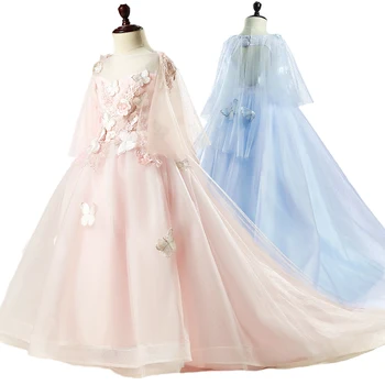 Элегантное детское платье принцессы из голубого тюля, розовое платье с бабочкой на День рождения для девочек от 2 до 14 лет, Праздничное платье для девочек